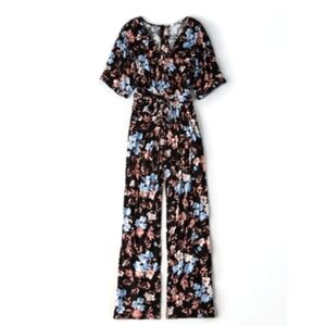 AE Kimono Wrap Jumpsuit Black Floral Tie Waist & Back Buttons, Size M
